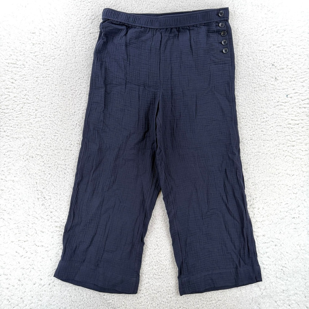 Talbots Pants Womens Large Blue Cotton Crepe Cropped Wide Leg Elastic Waist